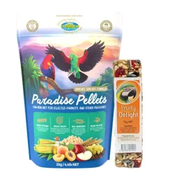 Vetafarm Paradise Pellets 2kg + Avian Delights Fruity Bar 75g COMBO